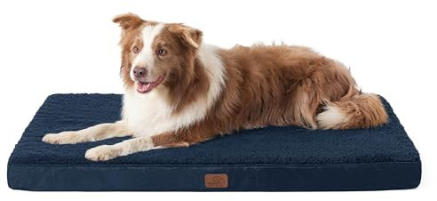 Bedsure Extra Large Pet Bed Washable - Orthopedic Dog Mattress and Pillow Mat for Dog Crate with Removable Plush Sherpa Cover, Navy, 112x81x7.6cm