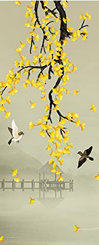 A.Monamour Türtapete Selbstklebend Türfolie Türposter 3D Schwarzer Zweig Mit Gelben Blättern Vögel Ölgemälde Vinyl Folie Türdeko Tapete Wandbild Türaufkleber Türtattoo 90 x 200 cm