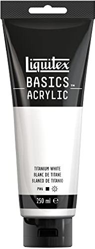 Liquitex 88700229 Basics - Acrylfarbe, monopigmentierte Künstlerpigmente, lichtecht, mittlere Viskosität, Archivqualität, seidenglänzender Finish, 250ml Tube - Titanweiß