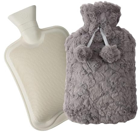 Marco Paul 2L Hot Water Bottle with Cover – Grey Fluffy Hot Water Bottle for Adults with Soft Fleece Cover – Luxury Heat Pad for Pain Relief, Hand Warmer, Back Warmer, Christmas Gifts & Foot Warmer