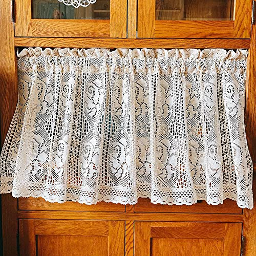 Ricemru Scheibengardinen Landhausstil Häkelspitze,Bistrogardine Retro Transparent Rose Häkeloptik Schiebevorhang Kurzstore Küchegardinen Kurz Halbe Gardinen Küche Wohnzimmer,120x55cm