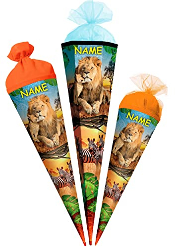 alles-meine.de GmbH Schultüte - Löwe & Zootiere 35-85 cm Größe wählbar mit Holzspitze - Zuckertüte - inkl. Name - Zuckertüte - Tüllabschluß/Filzabschluß - eckig/rund ..