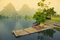 Acryl-Bild 90 x 60 cm: Bambus-Rafting auf dem Fluss, Yangshou, China(17116268)