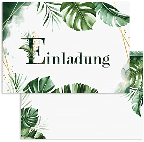 Klasse Einladungskarten Tropische Blätter 10 er Set 2 seitig - hochwertig Einladung Geburtstag Feier Fest Jubiläum 20 30 40 50 60 70 80 Hochzeit Geburtstagsfeier Einladungskarte Grün elegant