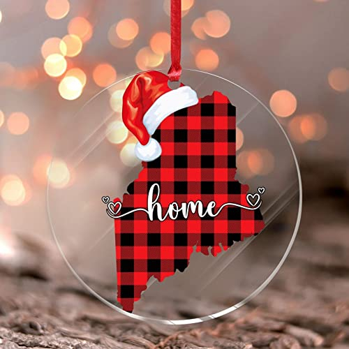 Maine Hängende Ornamente Roter LKW Auto Staat Runder Weihnachtsbaum Ornament Staatsform Staatskarte Acryl Weihnachtskugel für Urlaubsdekoration
