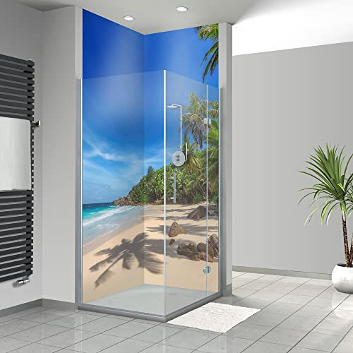 WANDFREUDE individuelle Duschrückwand Aluverbundplatte auf Maß (2 Stück - Palmen am Strand - Seidenmatt) – Dusche Wandverkleidung Duschwandverkleidung Duschrückwände