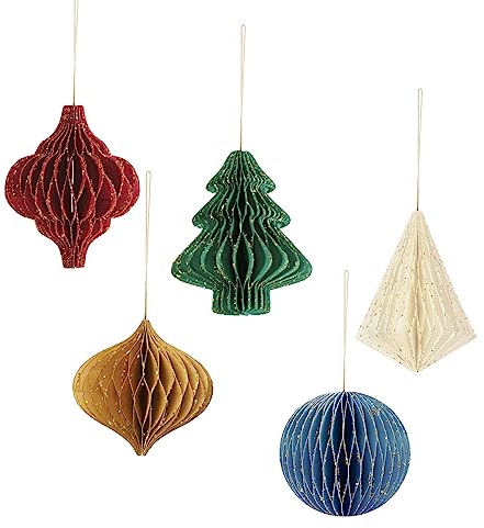 NICROHOME EUR Christmas Party Decorations - 5 PCS Mini Glitter Edge Paper Honeycomb Ornament, White Yellow Blue Red, and Green Hanging Paper Ornament for Vintage Christmas Tree Decorations