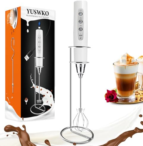 YUSWKO Mousseur à lait rechargeable pour café avec support, mélangeur portatif avec 3 têtes, 3 vitesses, agitateurs électriques pour latte, cappuccino, chocolat chaud, œuf – Blanc