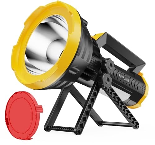 BUYSIGHT Rechargeable Spotlight Flashlight, 1000,000 Lumens 600 Yards Range IP65 Waterproof Spot Light Handheld Large Searchlight with Red Lens Side Flood Light USB C Recharge (Yellow Plus)
