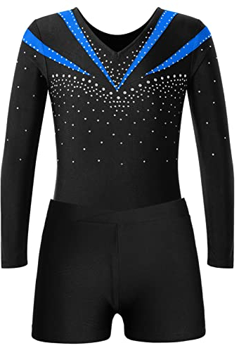 Jugaoge Mädchen Turnanzug Strasssteine Gymnastikanzug Langarm Trikotanzug mit Bein Sport Yoga Fitness Training Shorts Kurze Hose Tanz Kleidung Set Blau 134-140