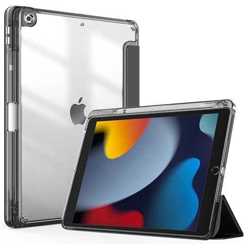 EasyAcc Hülle für iPad 9 8 7 Generation mit Stifthalter 10,2 Zoll Modell 2021/2020/2019 Stoßfeste Schutzhülle mit Transparenter Hartschale auf der Rückseite, Auto Schlafen Wachen Schwarz