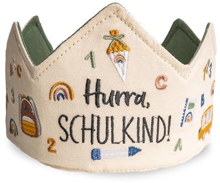 Papierdrachen Schulkind Krone - hochwertig Bestickt in tollen Pastelltönen - Hurra, Schulkind! - Anpassbare Schnürung - zweifarbig - Perfekt für den Schulanfang