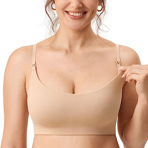 MOMANDA Ribbed Nursing Bras for Breastfeeding Soft Lift Maternity Sleep Bra Wireless Seamless Comfy Bralettes Beige Large