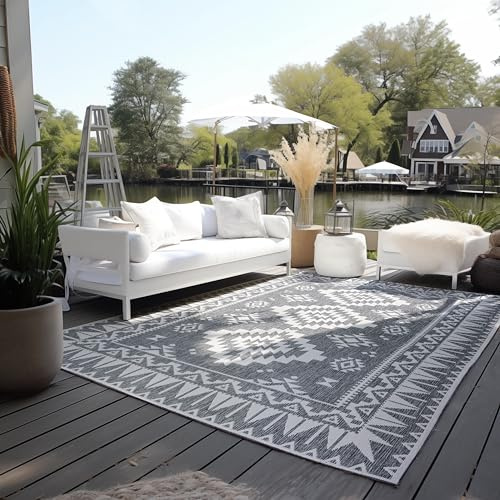 ELLE Decoration In und Outdoor Teppich – Wendeteppich Wetterfest & Wasserfest - Modernes Geometrisches Muster Rauten Muster Outdoorteppich für Garten, Balkon, Terrasse, Wohnzimmer – Silber, 120x170cm