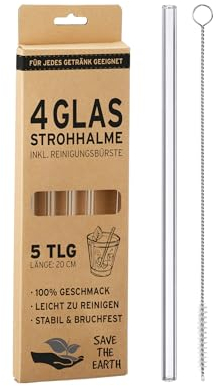 Seaside No.64 - Umweltfreundliche Glasstrohhalme mit Reinigungsbürste ca. 20 cm - bruchfeste Trinkröhrchen aus Glas für nachhaltigen Trinkgenuss deiner Lieblingsgetränke (4 Trinkhalme, 1 Bürste)