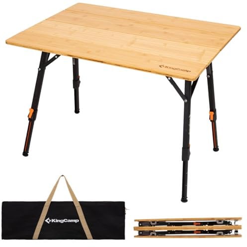 KingCamp Campingtisch Bambus 80 x 60 cm Klapptisch höhenverstellbar 42~70cm für 2-4 Personen 4 Falten Campingtisch Klappbar belastbar bis 80kg