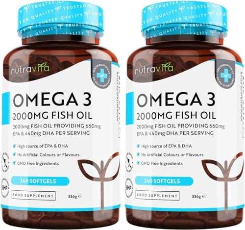 Omega 3 Capsules High Strength 2000mg with 660mg EPA & 440mg DHA, 2 Bottles of 240 Softgel Omega 3 Fish Oil Capsules for 8 Months of Supply, Fish Oil Omega 3 Supplements by Nutravita