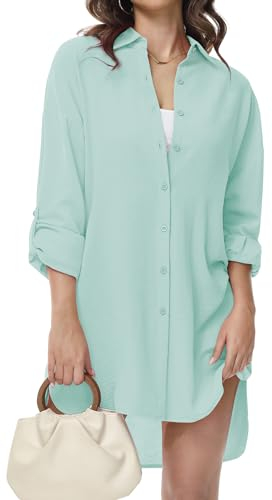 Tanmolo Damen Bluse V-Ausschnitt Hemdbluse Langarm Lässiges Hemd zum Knöpfen Langarmshirt Casual Oberteile Aufrollen Tops (Minzgrün,M)