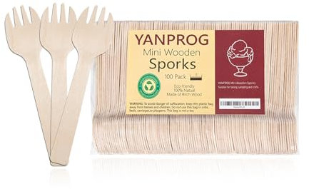 Mini Wooden Sporks Disposable Tasting Spork 4 Small Wooden Spoons Forks 100 Pcs, Biodegradable Compostable Birchwood Spoons 2-in-1 Utensil for Parties, Weddings, Camping
