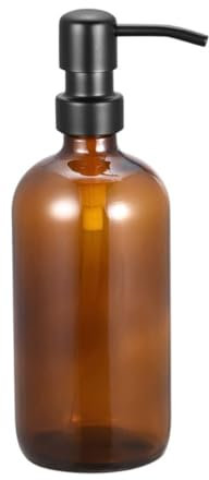 Seifenspender aus bernsteinfarbenem Glas mit schwarzer Edelstahlpumpe, nachfüllbarer Handseifenspender, Boston, runde Flaschen, Spülseifenspender für ätherisches Öl, Lotion, Körpercreme, Shampoo, 473