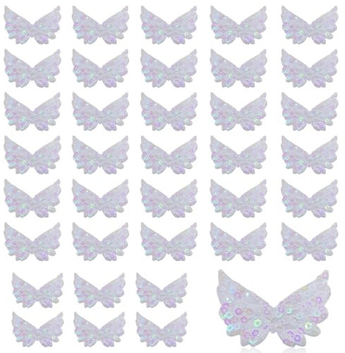 36 Stück Kleine Engelsflügel zum Basteln, 5 * 3 CM Pailletten Flügel Patches, Glitzernde Ordinary Angels Kleidung Applique Rucksack Aufnäher für Kleidungsstück Aufnähen(Weiß)