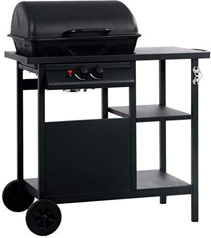 IKAYAA Barbacoa a Gas Acero Inoxidable con 2 Quemadores, Barbacoa Portatil, Rejilla de Acero Inoxidable - Barbacoa con Ruedas, Mesita auxiliares Negro 92 x 53 x 96 cm