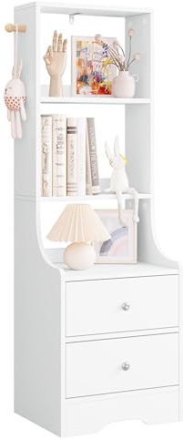 WOLTU Table de Chevet Haute avec 2 Tiroirs, 3 Étagères Ouvertes, 1 Crochet, 37x30x114cm, Bibliothèque Étagère Rangement, Table d'Appoint pour Chambre Bureau Salon, Blanc, NTS18ws