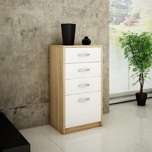 Kommode mit 4 Schubladen mit matter Oberfläche, Kommode 45cm breit Holz Schrank Kommode mit Schubladen Sideboard Highboard Anrichte Schlafzimmer Wohnzimmer Flur Büro Organizer sonoma weiß