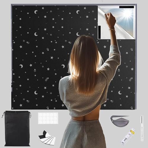 MOLHEM Portable Blackout Blinds 145 * 200CM,100% Blackout Blind Curtain for Window, Stick On Window No Drill Blackout Blinds,Cut to Any Size, Nursery Black Out Blinds for Baby(Black+Star)