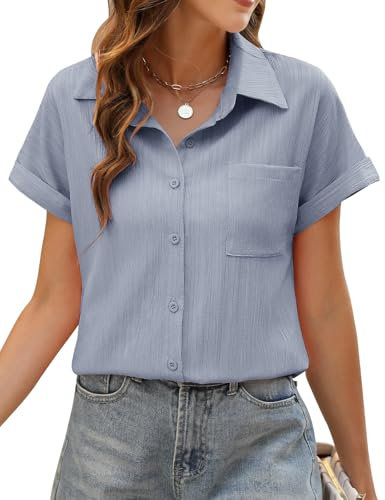 PASUDA Chemise Femme Haut Été Blouse Femme Chic et Élégant Manches Courtes Col en V Chemisier Tunique Tops avec Boutons Haut Décontractés T-Shirts D'été Ample Couleur Unie (Bleu, M)