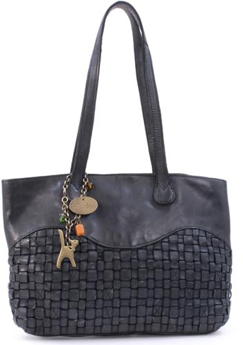 Catwalk Collection Handbags - Damen Gewebte Leder Schultertasche Mittelgroß - Handtasche für Notizbuch A5 mit Viele Fächer - Matilda - Schwarz