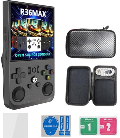 Consola de juegos retro R36MAX 2025, consola de videojuegos portátil de mano, pantalla IPS HD 4K de 4 pulgadas con 10000 juegos clásicos integrados de 64G, sistema Linux de código abierto (negro, 64
