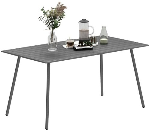 Outsunny Mesa Jardín Exterior Rectangular de Acero 150x80x74 cm Mesa Terraza Exterior con Diseño en Lamas Resistente a la Intemperie Fácil de Limpiar Gris Oscuro