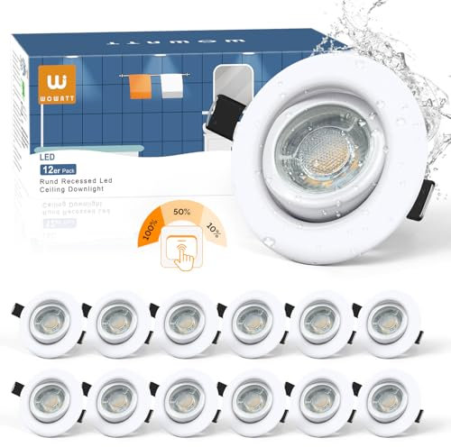 wowatt 12er LED Einbaustrahler 230V 3 Stufe Dimmbar, LED Spots 68mm Lochmaß, 5.5W 600LM Einbauleuchten Schwenkbar 2800K Warmweiß, IP44 Spots Deckenleuchte Ultra Flach für Badezimmer Küche, Weiß Rund