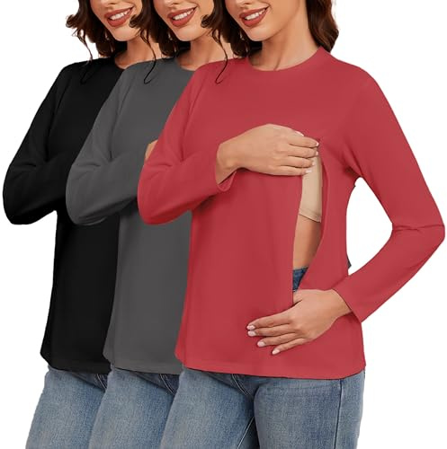 Love2Mi 3er Pack Damen Langarm Stillshirt mit Reißverschluss Umstandsmode zum Stillen T-Shirts fur Schwangere