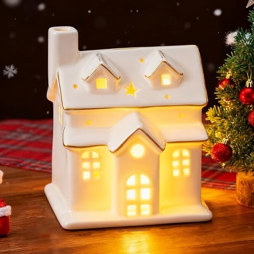 DN DECONATION Weihnachtsdeko Häuser mit Beleuchtung – weißes Weihnachtshaus