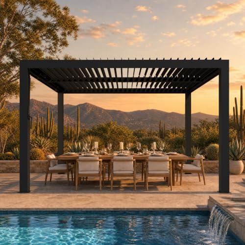 Modern Shade Pergola mit Schatten 3 x 3,6m Wasserdicht Stabil Pavillon Lamellendach, Outdoor-Pergola mit Verstellbarem Dach & Integrierter Drainage, Verstärkter Metal Rahmen für Terrasse Garten