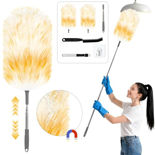 PAPAcroscoma Plumero largo extensible: plumero de lana de cordero desmontable, telescópico, lavable, recogida electrostática del polvo, no raya los techos ni los objetos delicados