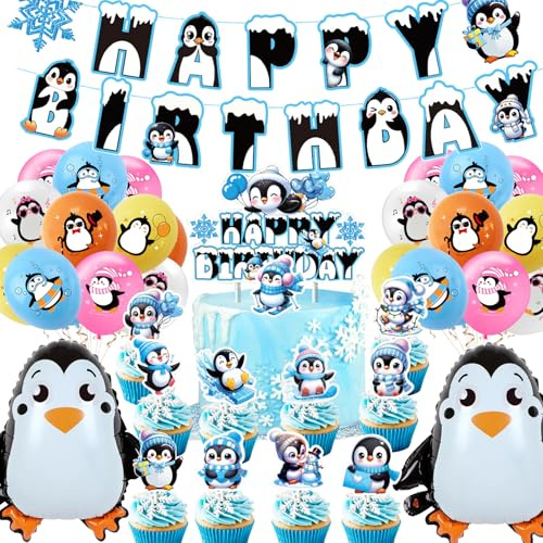 Pinguin Geburtstag Deko, YUEcthynous Pinguin Luftballons Party Supplies Happy Birthday Banner,Tier Luftballons Cake Topper Geburtstags party für Kinder Party Geburtstag 34 Stück
