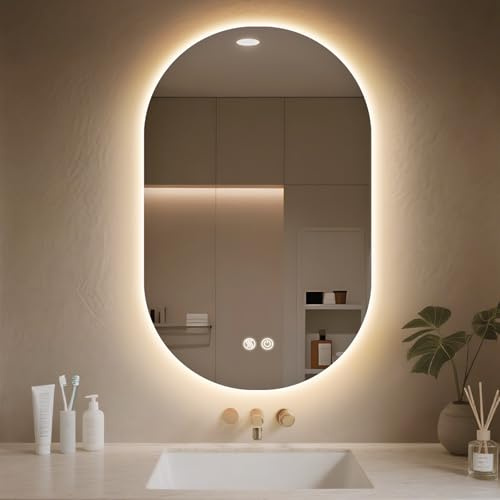 PINNIP Miroir Ovale Salle de Bain, LED Miroir Salle de Bain Lumineux, Anti-buée, 3 Couleurs Lumière, Dimmable, Mémoire, Verre trempé HD, IP44, Horizontal/Vertical (Ovale, 80 x 50 cm)