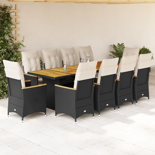 Tonture 11-TLG. Garten-Bistro-Set mit Kissen, Schwarz Poly Rattan, 240x90x75 cm Tisch, Verstellbare Relaxsessel, Outdoor Möbel für Balkon, Terrasse, Garten