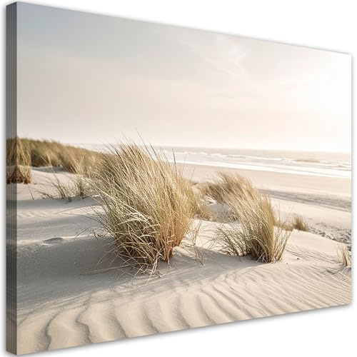 Feeby Leinwandbild - Bilder Wohnzimmer - Strand Meer Dünen Natur Pflanzen - 60x40 1tlg - Deko Schlafzimmer - Wanddekoration - Aesthetic - Groß Moderne Bild - Foto auf Leinwand