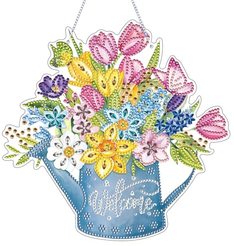 Diamond Painting Anhänger Frühling Kranz,Diamond Painting Frühling Türkranz Doppelseitig Blumen Diamant Malerei Frühlingskranz Fensterbilder mit Kette,Frühlingsdeko für Wand Tür Eingang Decor