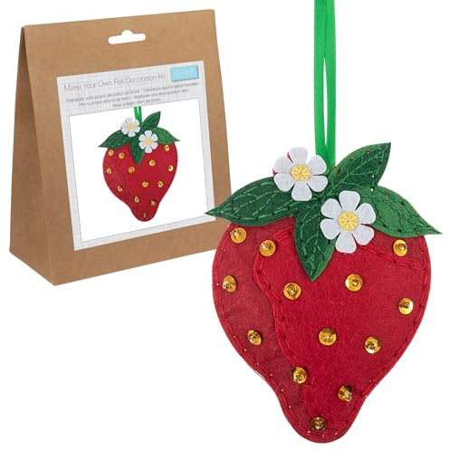 Trimits Felt Decoration Kit - Strawberry (9 x 12cm) with Pre-Cut Felt Shapes, Stuffing, Thread, Sequins, Beads, Needles, Ribbon and Instructions - Ideal for Beginners and Younger Crafters.