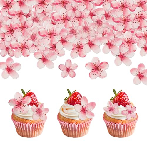 50 Stück Kirschblüte Tortendeko Essbar, Essbare Blumen für Torte, Blüten Kuchen Deko, Rosa Esspapier Blumen Cupcake Toppers für Hochzeit Geburtstag Taufe Babyparty
