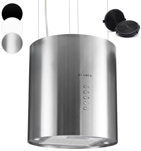 KLAMER Inselabzugshaube Edelstahl 536 m³/h, A++ mit 3 Stufen, freihängend | Zwei Aktivkohlefilter und Aluminiumfettfilter für Umluft- und Abluftbetrieb, LED-Leuchten, höhenverstellbar, leise mit 65 dB
