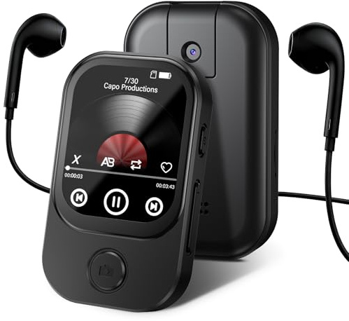 RWSRW 64Go Lecteur MP3 Bluetooth avec Appareil Photo Rabattable 180°, Mini Lecteur Musique HD Haut-Parleur FM Radio FM Album Photo Son Hi-FI Liseuse e-Book Sport Podomètre