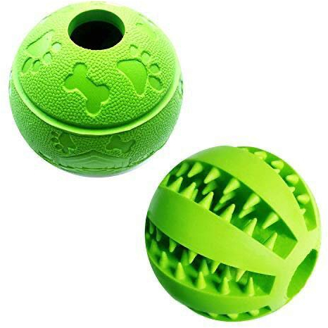 Feixun Dog Treat Toy Ball, Rubber Dog Food Ball,Dog Tooth Cleaning Toy Ball, Interactive Dog Toys 7.6-8.1cm (1*Green Type A + 1* Green Type B)