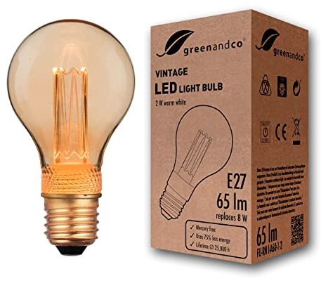 greenandco Vintage Design LED Birne zur Stimmungsbeleuchtung | E27 A60 | gold | 2W 65lm | 1800K extra warmweiß | 320° | 230V | flimmerfrei | nicht dimmbar | Edison Glühbirne