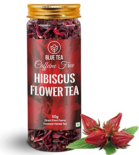 BLUE TEA Hibiscus Flower Herbal Tea - 50gm - 50 Cups | SKIN GLOW ENHANCING TEA | Herbal Tea - Flower Based - Non-Bitter - Caffeine Free - Tangy Flavour - Vegan | Reusable Pet Jar